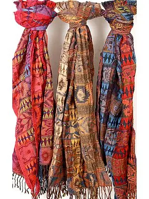 Lot of Three Multi-Color Cutwork Jamawar Stoles