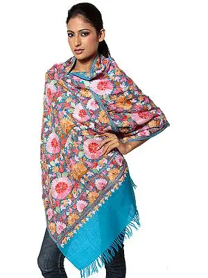 Turquoise-Blue Jamdani Stole from Kashmir with Dense Floral Embroidery All-Over