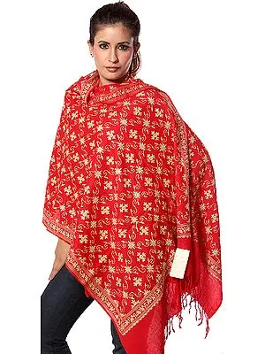 Red Aari Stole with Fawn-Colored Embroidery and Crystals