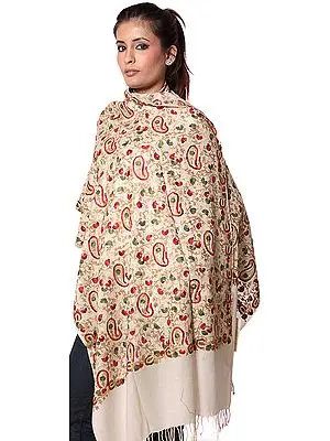 Beige Aari Stole with Multi-Color Embroidered Paisleys