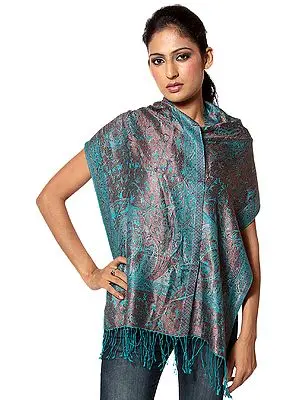 Turquoise and Rust Reversible Jamawar Scarf with All-Over Woven Paisleys