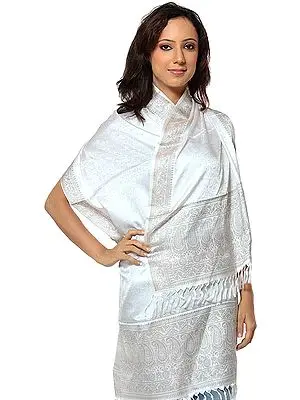 Ivory Banarasi Hand-Woven Stole with All-Over Tanchoi Weave