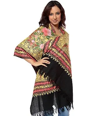 Black Jamdani Stole from Kashmir with Dense Foliage Embroidered All-Over
