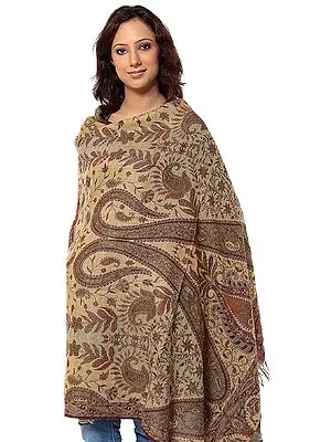 Beige and Red Reversible Jamawar Shawl with All-Over Woven Paisleys