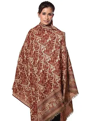 Brown Jamawar Shawl with Aari-Embroidered Paisleys