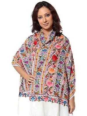 Ivory Jamdani Stole from Kashmir with Large Embroidered Flowers