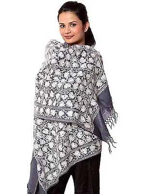 Gray Stole with Aari-Embroidered Flowers All-Over and Sequins