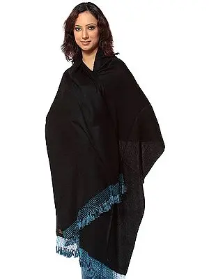 Black Silk-Pashmina Stole from Nepal with Embroidered Beads on Fringes