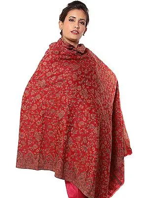 Red Kani Shawl with Densely Woven Flowers in Multi-Color Threads