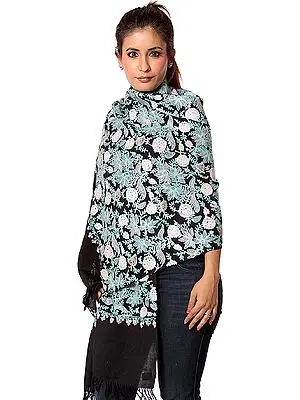 Black Jamdani Stole from Kashmir with Aqua Leaves and White Flowers