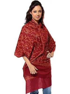 Maroon Tusha Stole Hand-Embroidered All-Over in Kashmir