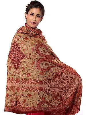 Beige and Red Reversible Jamawar Shawl with All-Over Woven Paisleys