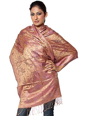 Mustard and Pink Reversible Jamawar Stole with All-Over Woven Paisleys