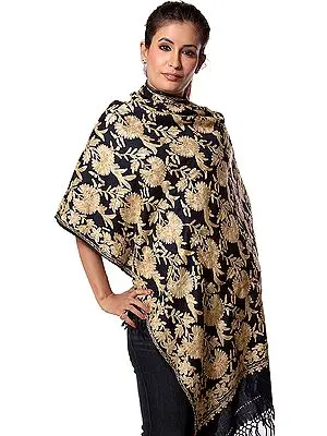 Midnight-Blue Stole with Aari Embroidery and Sequins All-Over