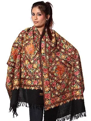 Black Jamdani Stole from Kashmir with Dense Floral Embroidery All-Over