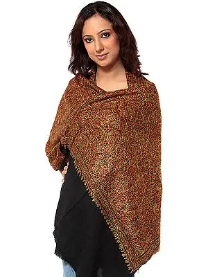 Black Kashmiri Stole with Dense Hand-Embroidery Resembling Papier Machie
