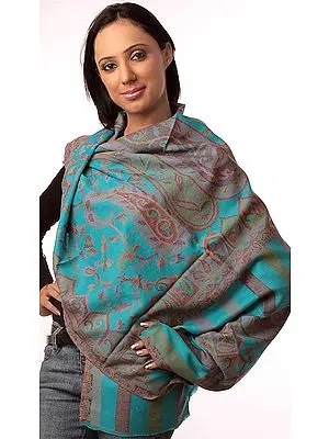Robin-Egg Blue Kani Stole with Woven Paisleys in Multi-Color Threads
