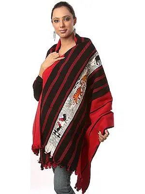 Red Folk Shawl from Nagaland with Woven Tigers and Peacocks