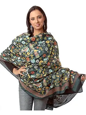 Teal-Green Shawl with Kantha Stitch Embroidered Wildlife by Hand