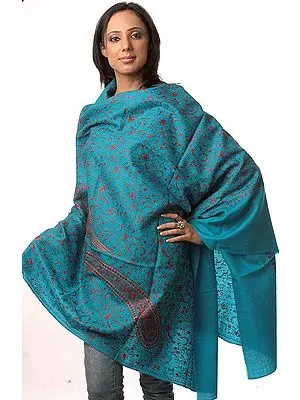 Turquoise Tusha Shawl with All-Over Jafreen Jaal Embroidery