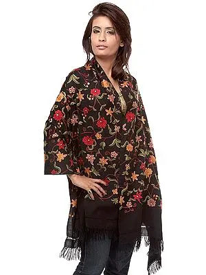 Black Kashmiri Stole Floral Aari Embroidery by Hand