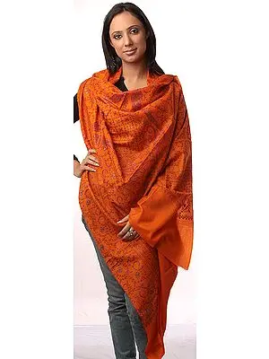 Burnt Orange Tusha Shawl with All-Over Jafreen Jaal Embroidery