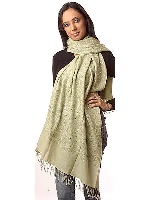 Tea-Green Stole with Aari-Embroidered Flowers All-Over and Sequins