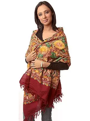 Maroon Jamdani Stole from Kashmir with Dense Floral Embroidery All-Over