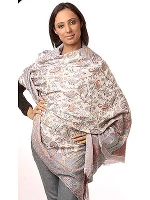 White Kani Shawl with Woven Paisley Tree in Multi-Color Thread