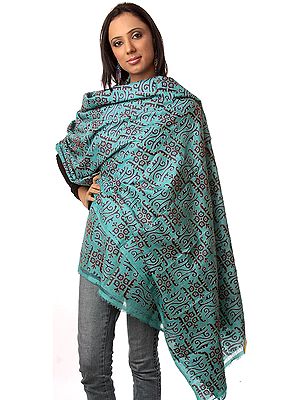Sky-Blue Shawl with Kantha Stitch Embroidery by Hand
