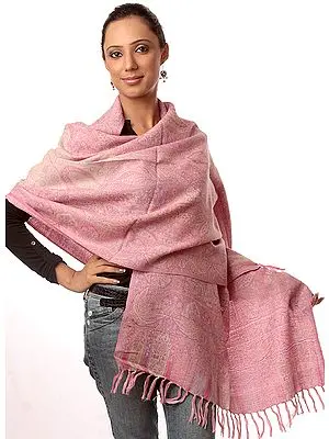 Pink and Beige Double-Sided Jamawar Shawl with All-Over Woven Paisleys