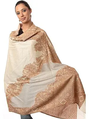 Ivory and Brown Jamawar Shawl with Woven Paisleys