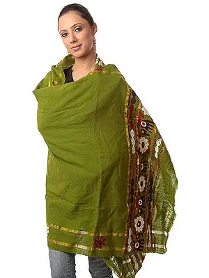 Green Shawl from Kutchh with Aari-Embroidered Elephants