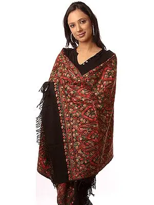 Black Stole with Aari-Embroidered Flowers in Multi-Color Thread