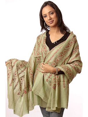 Two-Tone Green Tusha Shawl with Needle Embroidered Creepers