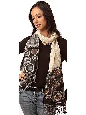 Ivory and Black Stole with Aari Embroidery on Borders