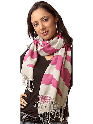 Pink and Beige Printed Silk-Pashmina Stole from Nepal