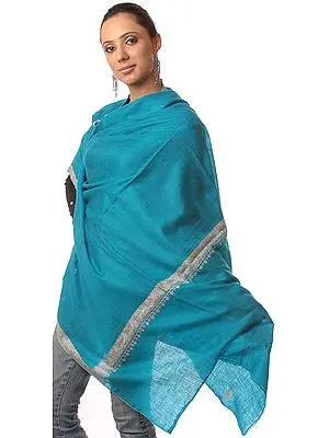 Plain Turquoise Blue Pure Pashmina Shawl with Intricate Kashmiri Sozni Embroidery by Hand on Borders
