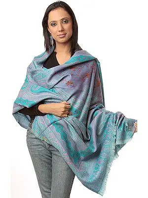 Robin-Egg Blue and Lilac Jamawar Shawl with Needle Embroidery by Hand