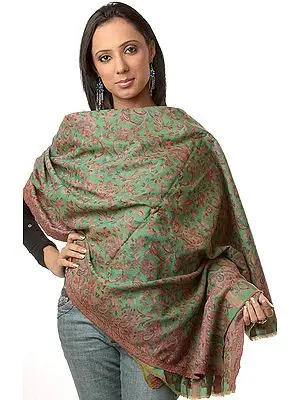 Green Kani Shawl with Densely Woven Flowers in Multi-Color Threads