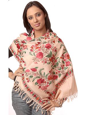 Peach Stole from Kashmir with Floral Embroidery
