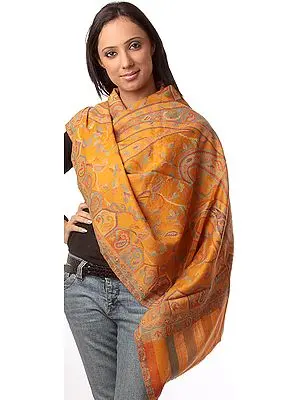 Mustard Kani Stole with Woven Paisleys in Multi-Color Threads