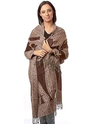 Coffee Brown Jamawar Stole with Woven Paisleys