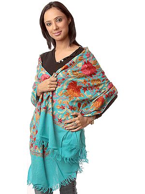 Turquoise-Blue Jamdani Stole from Kashmir with Dense Floral Embroidery All-Over