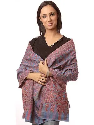 Royal-Blue Kani Stole with Woven Flowers in Multi-Color Threads