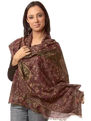 Dark-Purple Pure Pashmina Stole with Printed Flowers