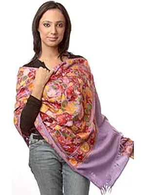 Amethyst Jamdani Stole from Kashmir with Floral Aari Embroidery All-Over