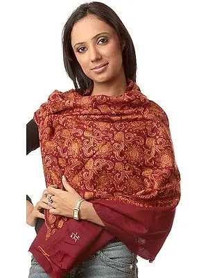 Maroon Semi-Pashmina Kashmiri Stole with Intricate Jamdani Embroidery