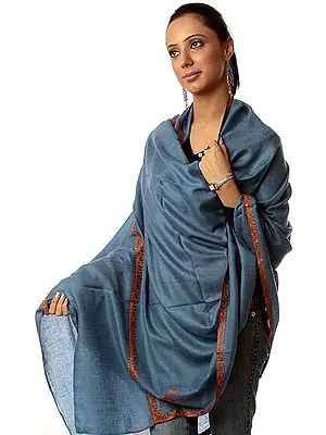 Steel-Blue Pashmina Shawl with Sozni Embroidery