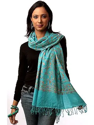 Robin-Egg Blue Stole with Aari Embroidery All-Over